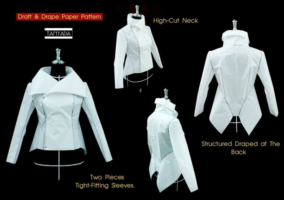 ผลงานการฝึกสร้างแพทเทิร์นเสื้อแจ็คเก็ตสตรีทรงพอดี ด้านหน้าป้ายติดซิป คอตั้งสูง จับเดรปในเส้นคัตด้านข้าง