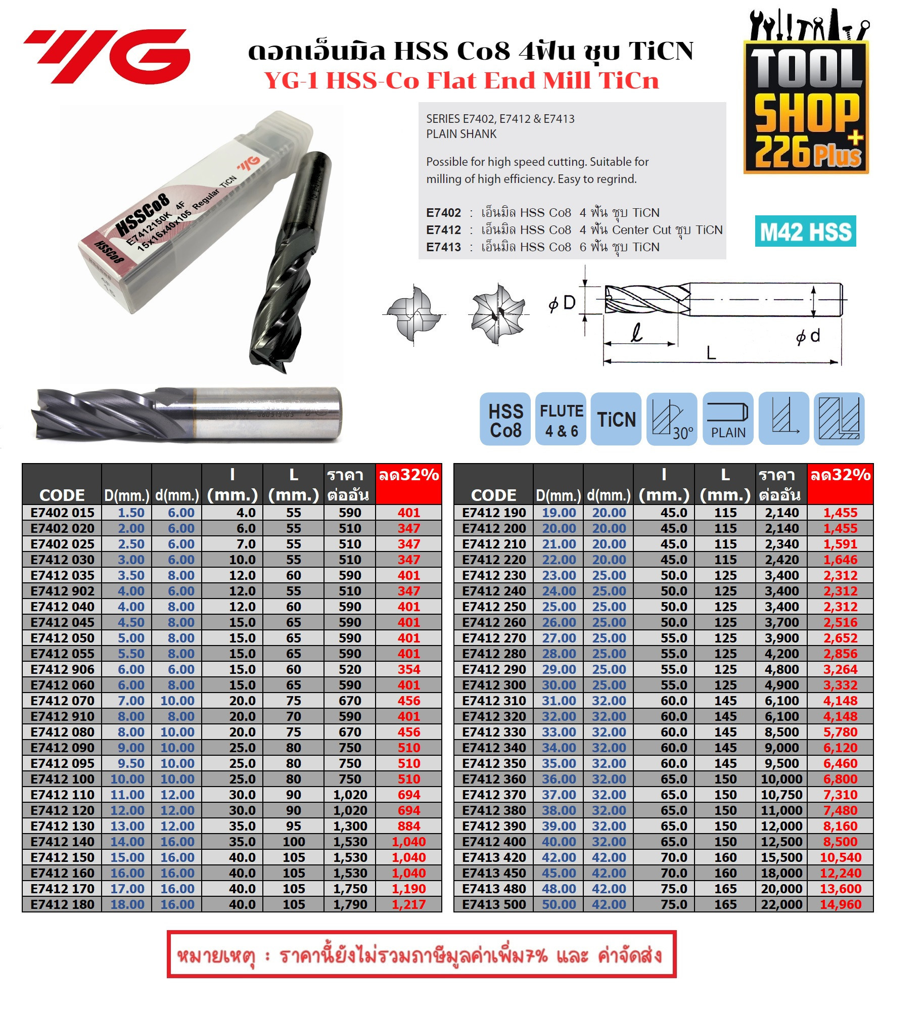 ดอกเอ็นมิล 4ฟัน HSS Co8 ชุป TiCN Series , E7402 , E7412 , E7413 YG ...