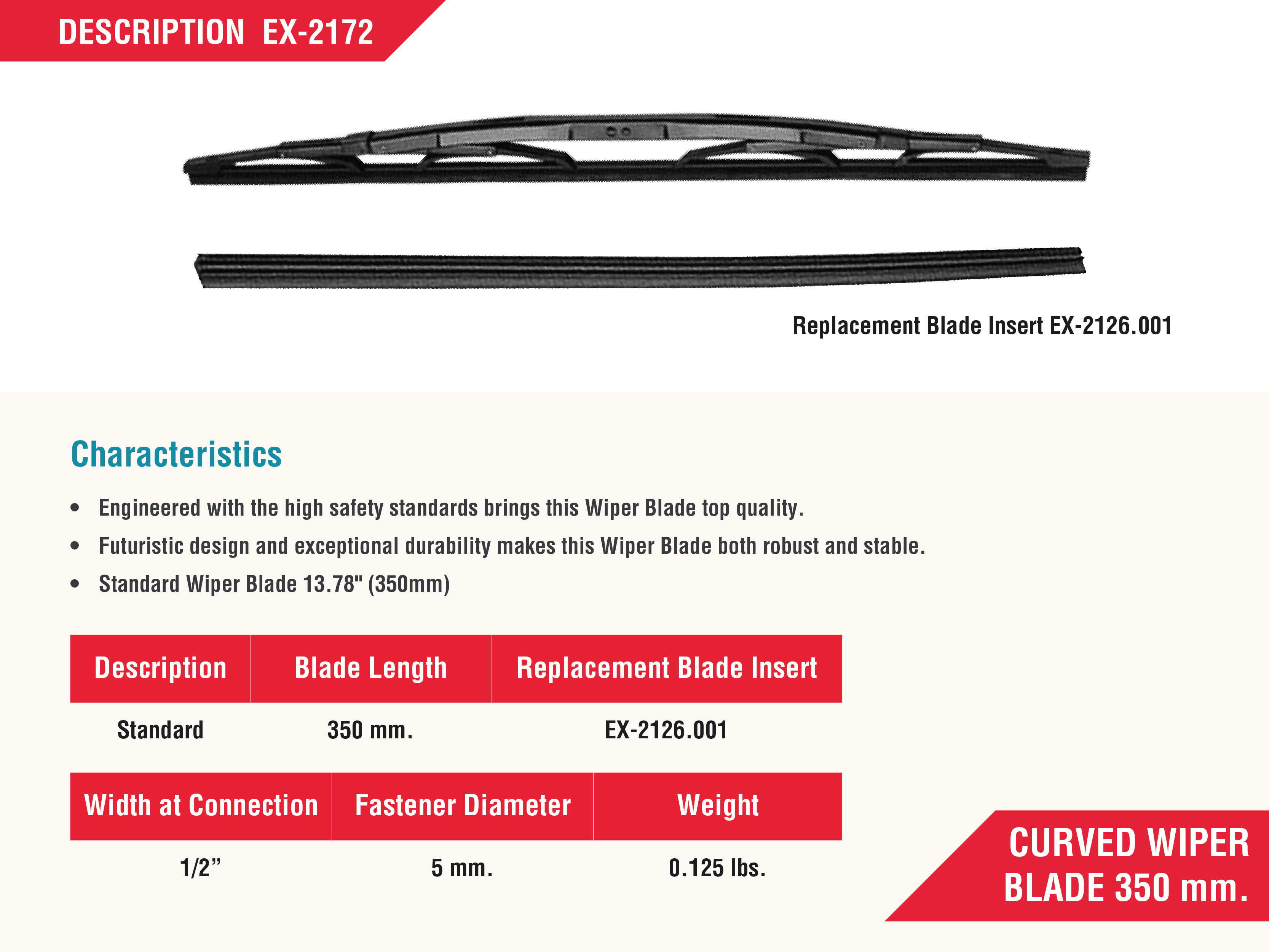 Curved wiper blade 350mm