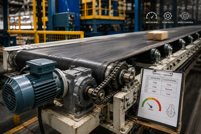 Conveyor วิ่งช้าจากรอบมอเตอร์และอัตราทดเกียร์
