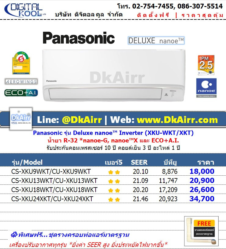 Panasonic รุ่น CS-XKU WKT (Deluxe nanoe™ Inverter) แอร์ผนัง เบอร์5 (R32) ปี2020