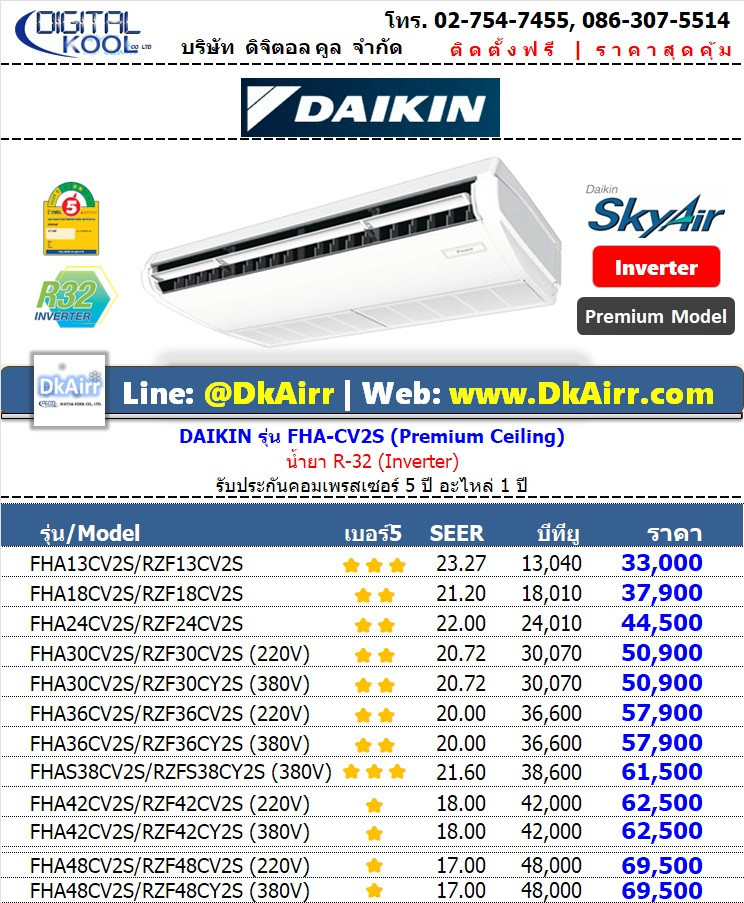 Daikin_FHA13-48C2S แอร์แขวน (Ceiling Inverter) เบอร์5 (R32) ปี2018