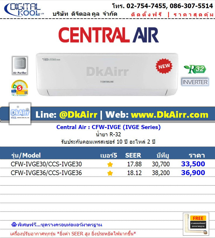 Central Air รุ่น CFW-IVGE แอร์ผนัง Inverter เบอร์5 (R32) ปี2022