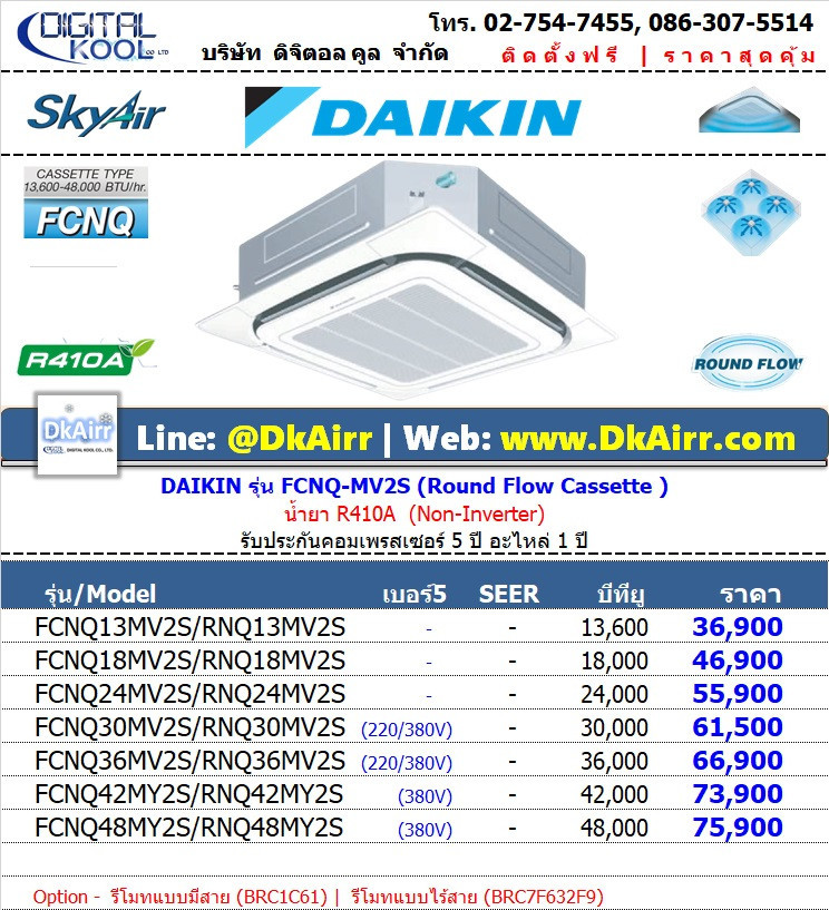 Daikin รุ่น FCNQ-MV2S (Non-Inverter) แอร์ฝังฝ้า (R410A) ปี2015