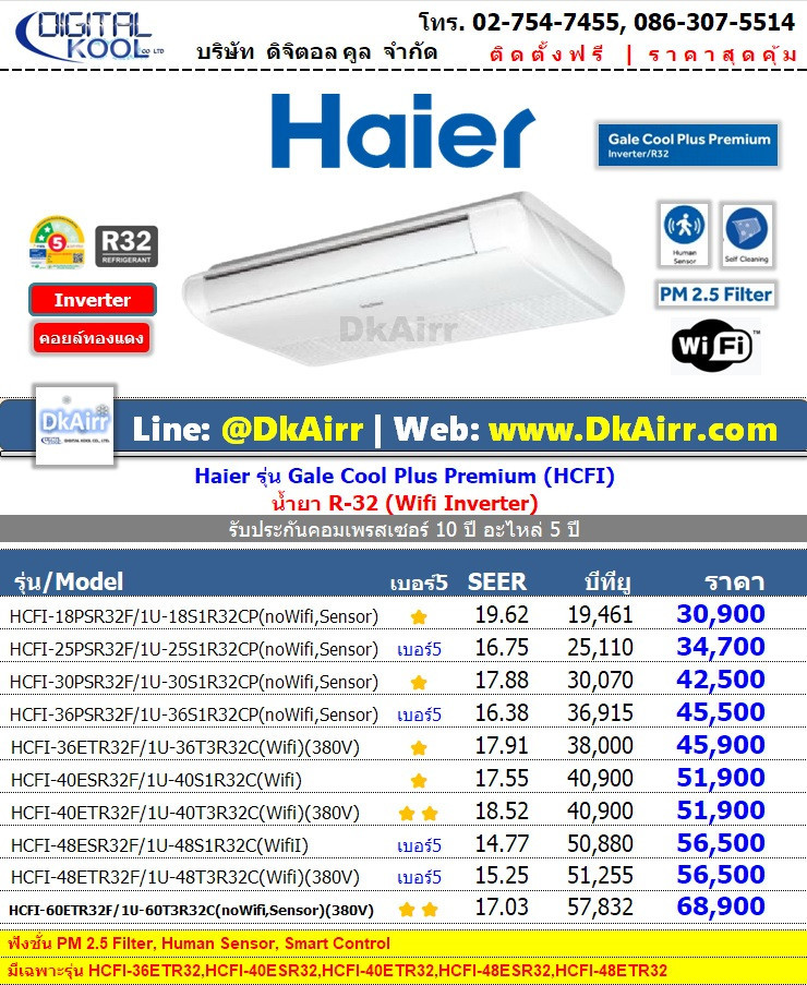 Haier รุ่น HCFI (Gale Cool Plus Premium) แอร์แขวน Inverter เบอร์5 (R32) ปี2022