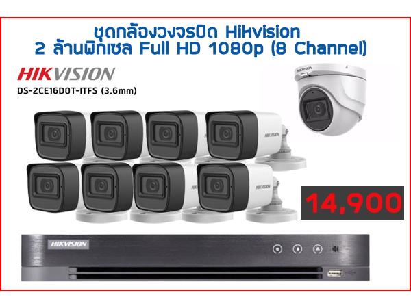 ชุดกล้องวงจรปิด Hikvision 2 ล้านพิกเซล Full Hd 1080P (8 Channel)